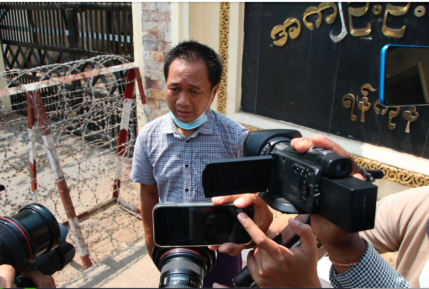 P journalist Thein Zaw talks to reporters outside Insein prison after his release Wednesday, March 24, 2021 in Yangon, Myanmar. 