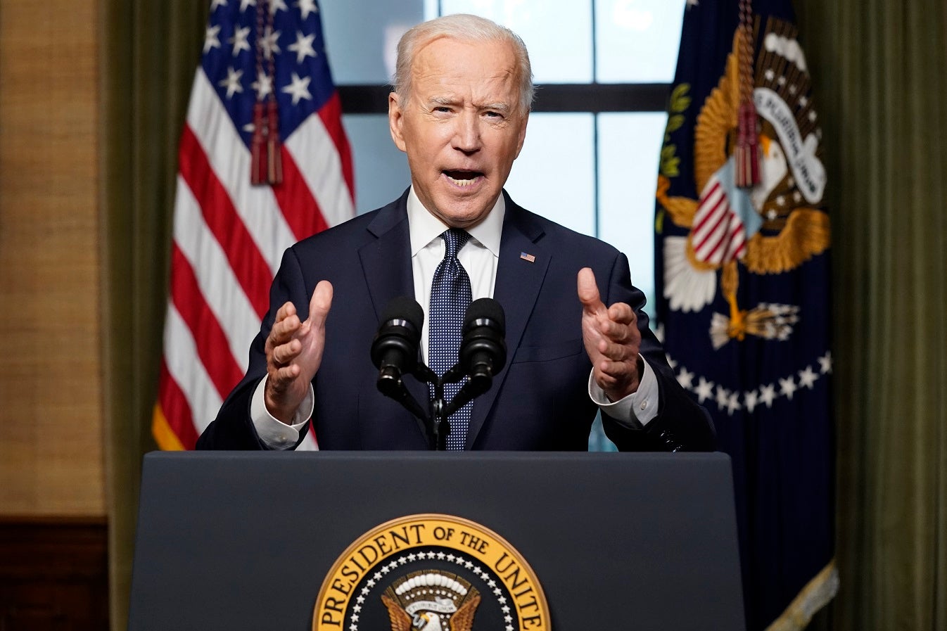 President Joe Biden speaks from the Treaty Room in the White House on Wednesday, April 14, 2021, about the withdrawal of the remainder of U.S. troops from Afghanistan. 