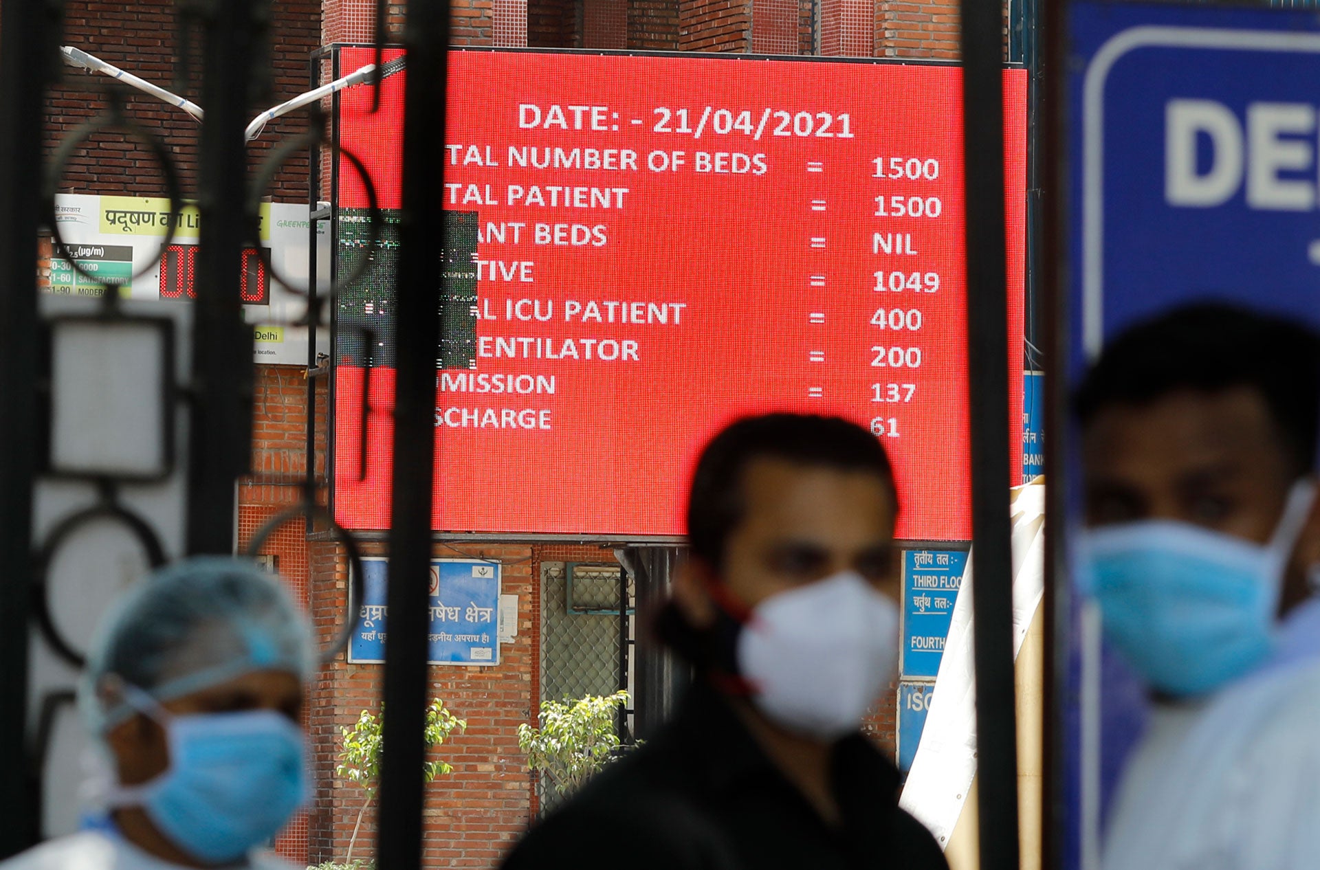 A hospital information board shows non-availability of beds in New Delhi, India, April 21, 2021.