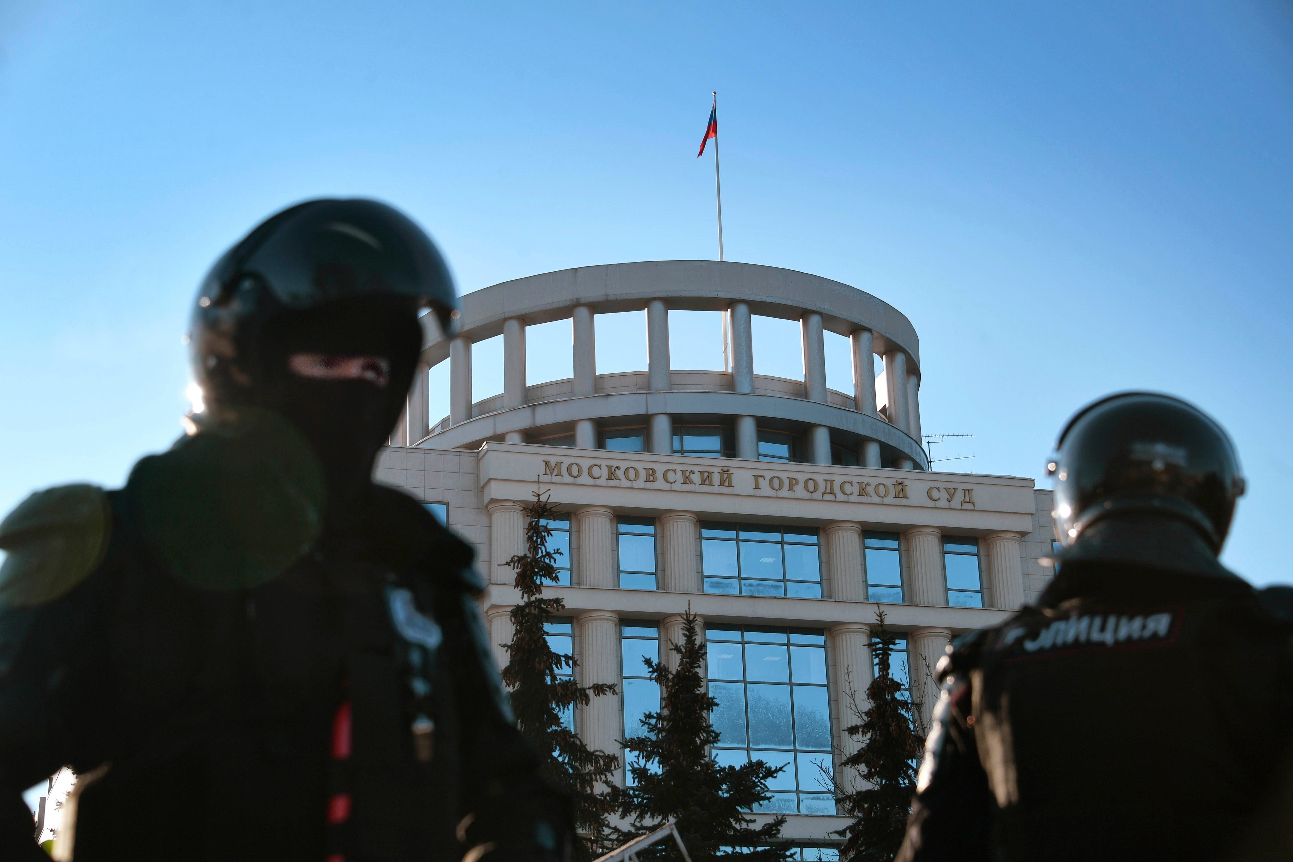 Police officers outside the Moscow City Court building. February 02, 2021. Russia, Moscow.