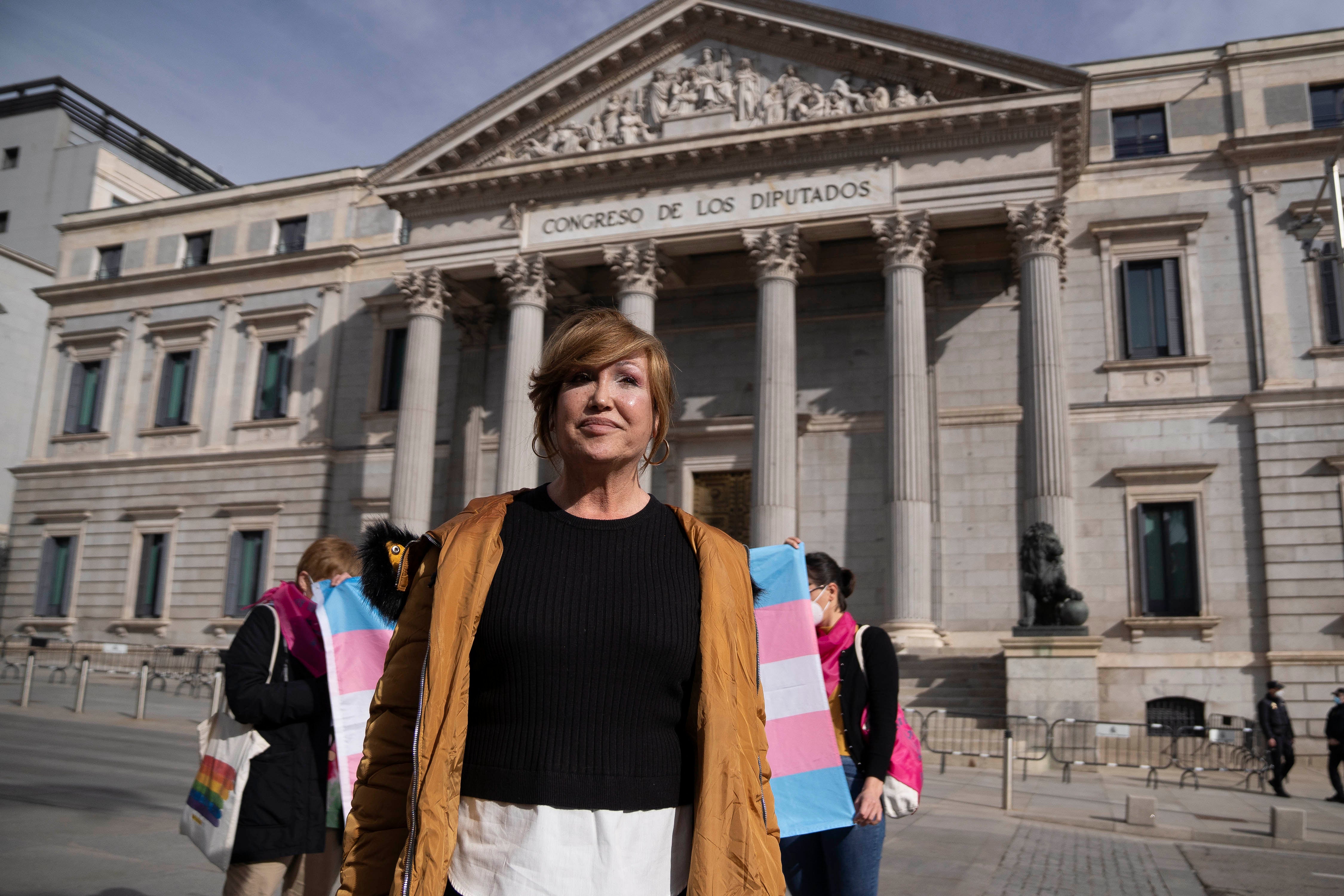 The president of the Trans Platform Federation, Mar Cambrollé seen during a rally to pass the so-called 'Trans Law' in the Congress of Deputies in Madrid.