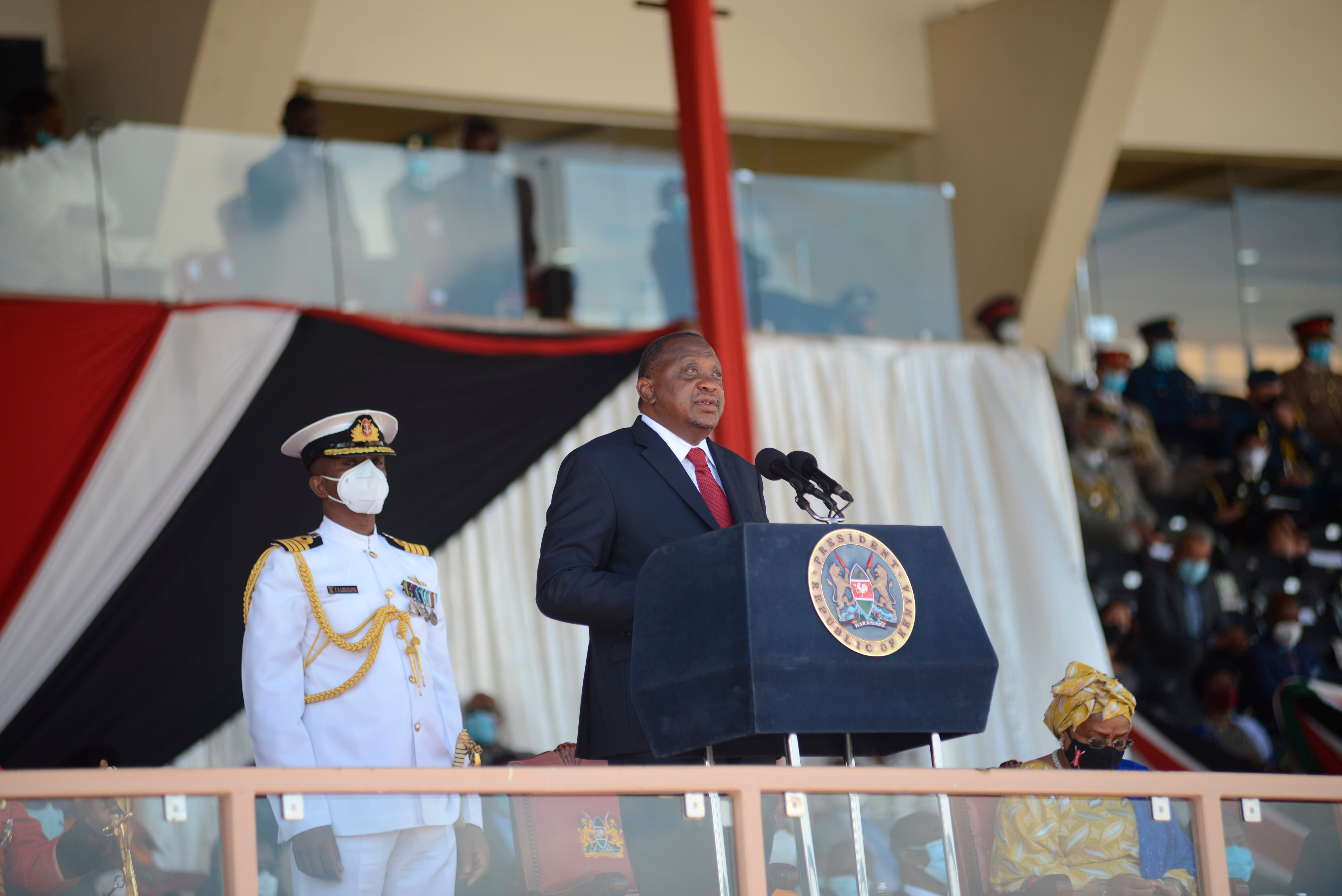 Kenya's president Uhuru Muigai Kenyatta, delivers his keynote speeches at Nyayo Stadium in Nairobi during the 57th Jamhuri Day (in swahili Republic Day) celebration on December 12, 2020. 