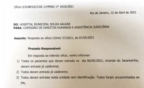 O Hospital Souza Aguiar disse à Comissão de Direitos Humanos da seção do Rio de Janeiro da Ordem dos Advogados do Brasil que todas as pessoas trazidas do Jacarezinho em 6 de maio de 2021 estavam mortas quando chegaram ao hospital.