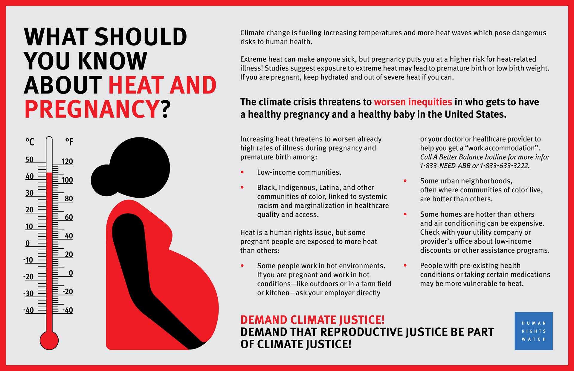 Poster graphic with information on heat awareness and an illustration of a pregnant person.