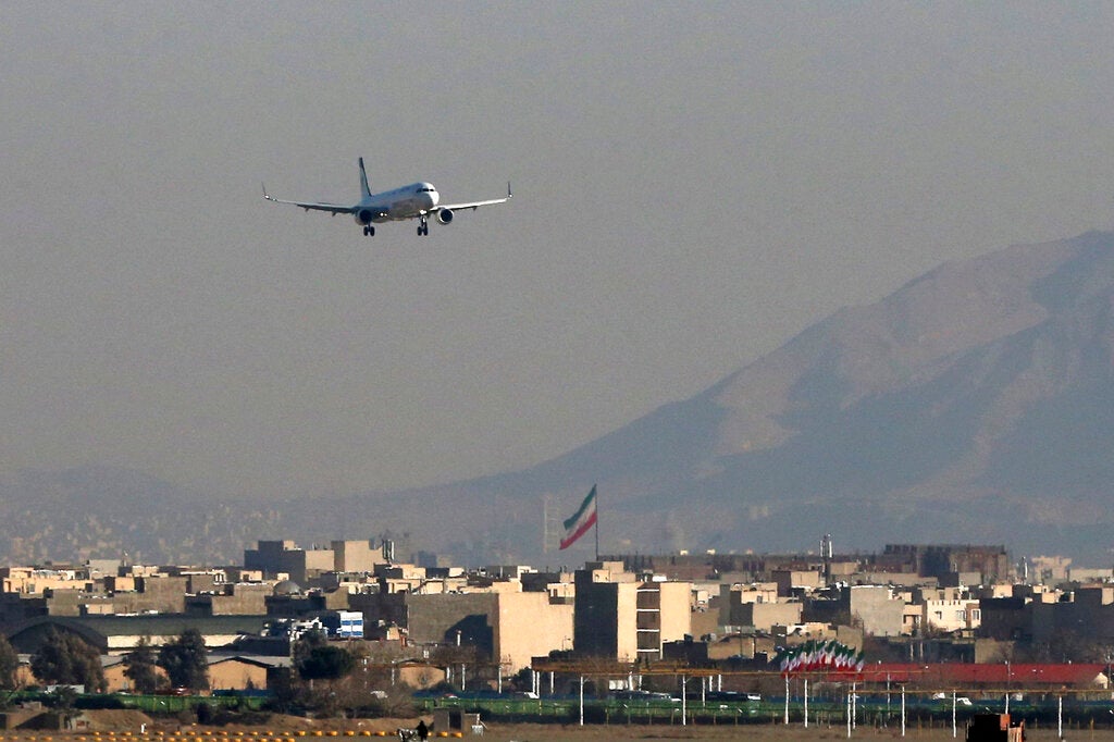 Iran Air airplane approaches Mehrabad airport in Tehran, Iran, January 2017.