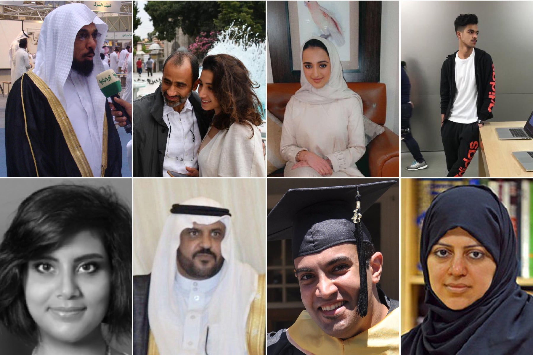 Top, left to right: Salman Al-Awda, Dr. Walid Fitaihi and his daughter, Sarah Jabri, and Omar Jabri. Bottom, left to right: Loujain al-Hathloul, Mohammed al-Otaibi, Abdelrahman al-Sadhan, and Nassima al-Sadah.