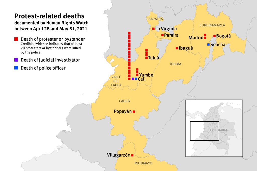 Map of protest-related deaths documented by Human Rights Watch between April 28 and May 31, 2021