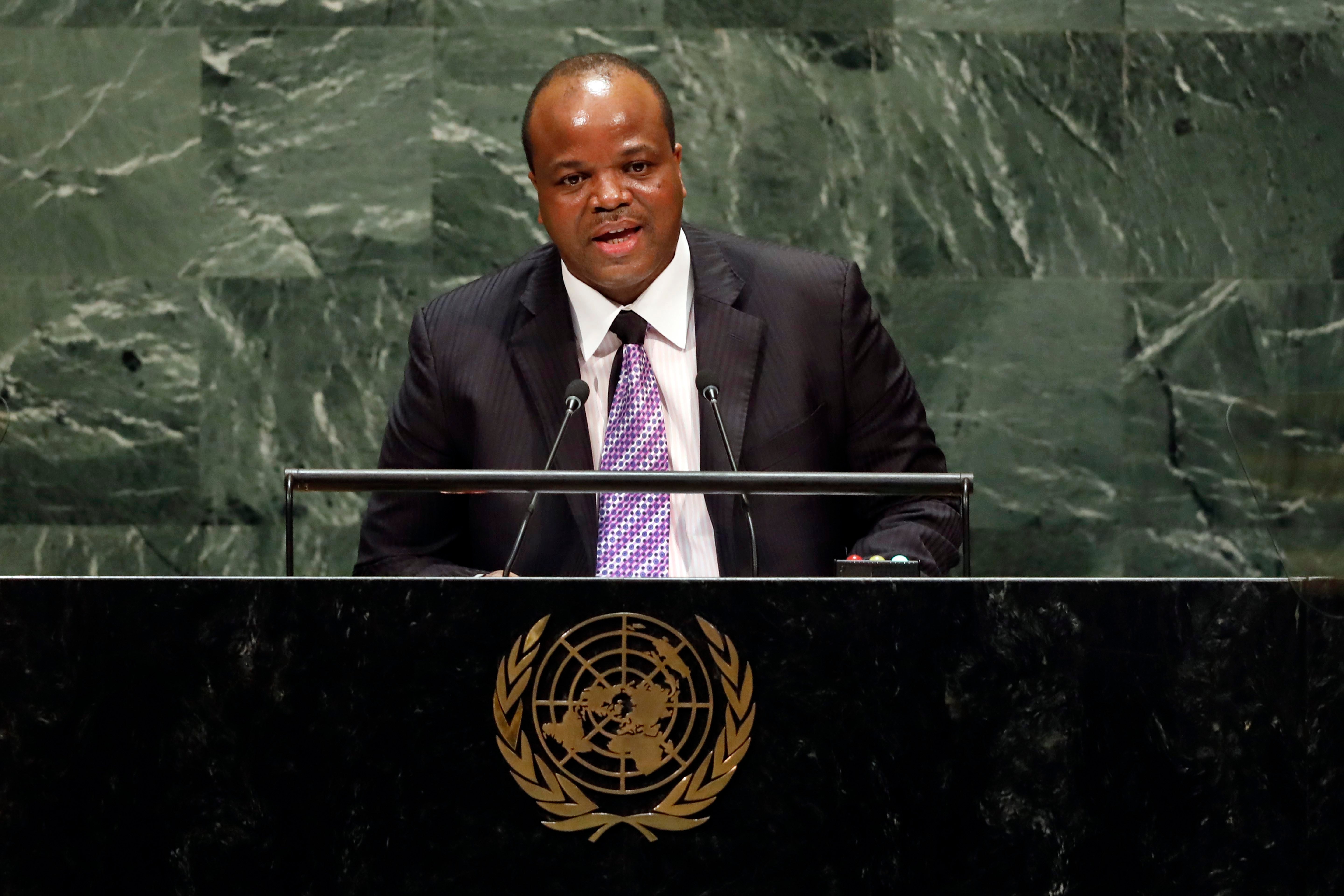Le roi Mswati III d'Eswatini (pays précédemment connu sous le nom de Swaziland) prononçait un discours lors de la 74ème session de l'Assemblée générale des Nations Unies à New York, le 25 septembre 2019.