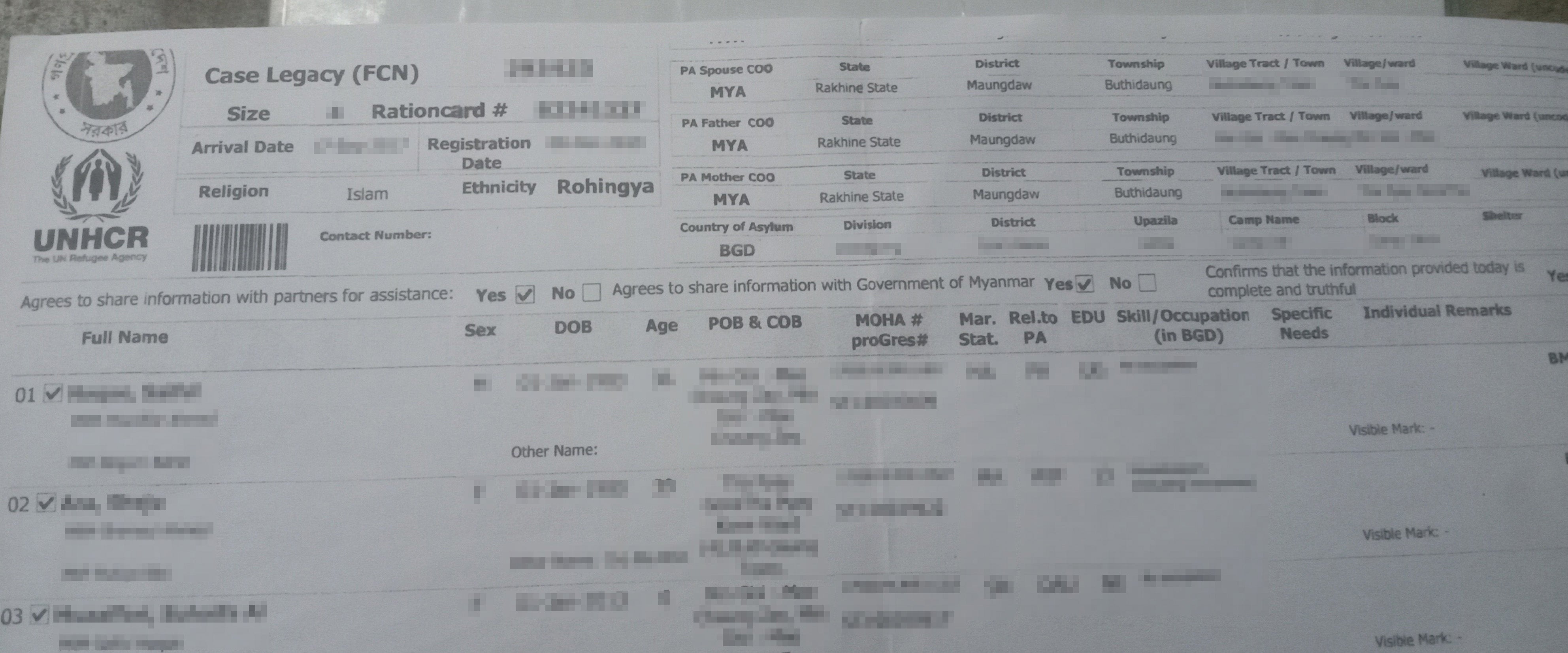 A photograph of the top of an English-language receipt that UNCHR staff gave to Rohingya after collecting their data as part of the 2018 joint registration process
