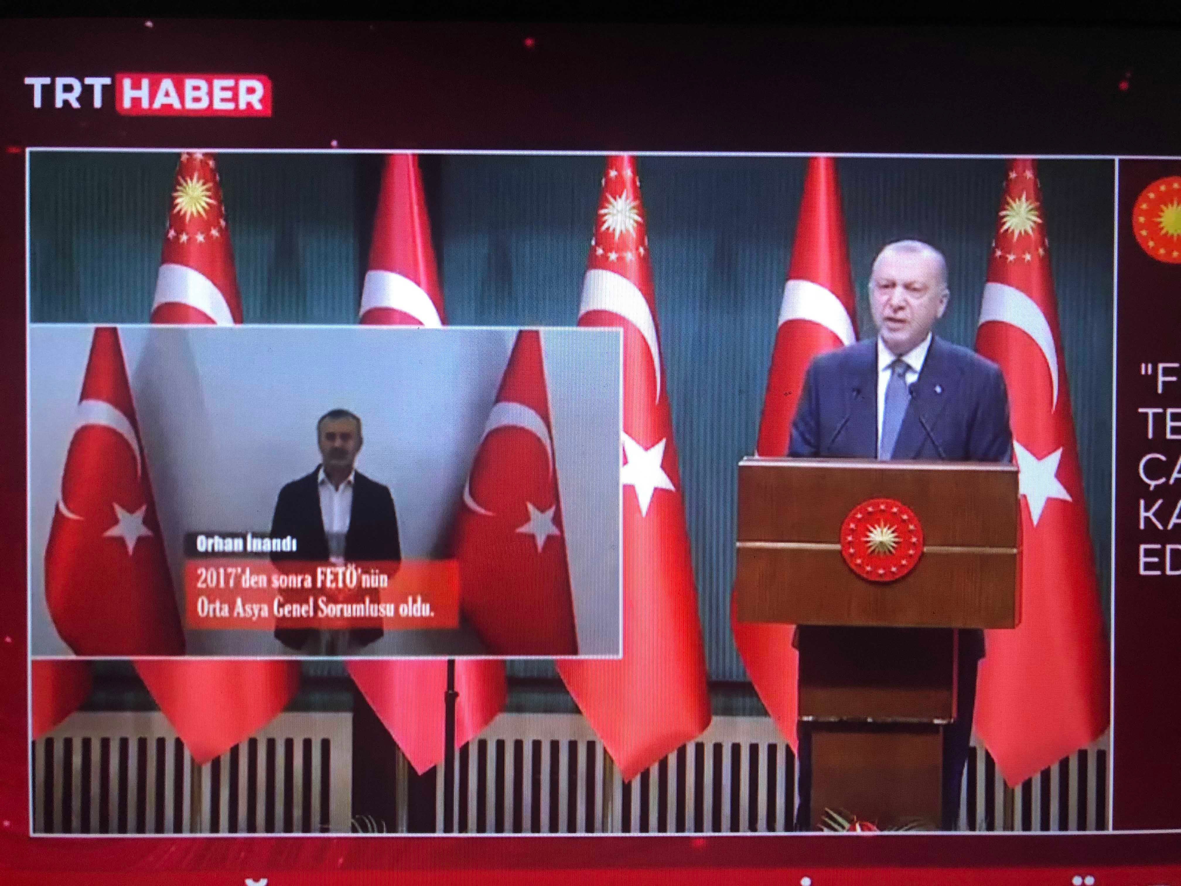 Screenshot of a broadcast on TRT TV on July 5 2021, in which Turkey's President Recep Tayyip Erdoğan announces that the intelligence services have transported Orhan İnandı from Kyrgyzstan to Turkey.