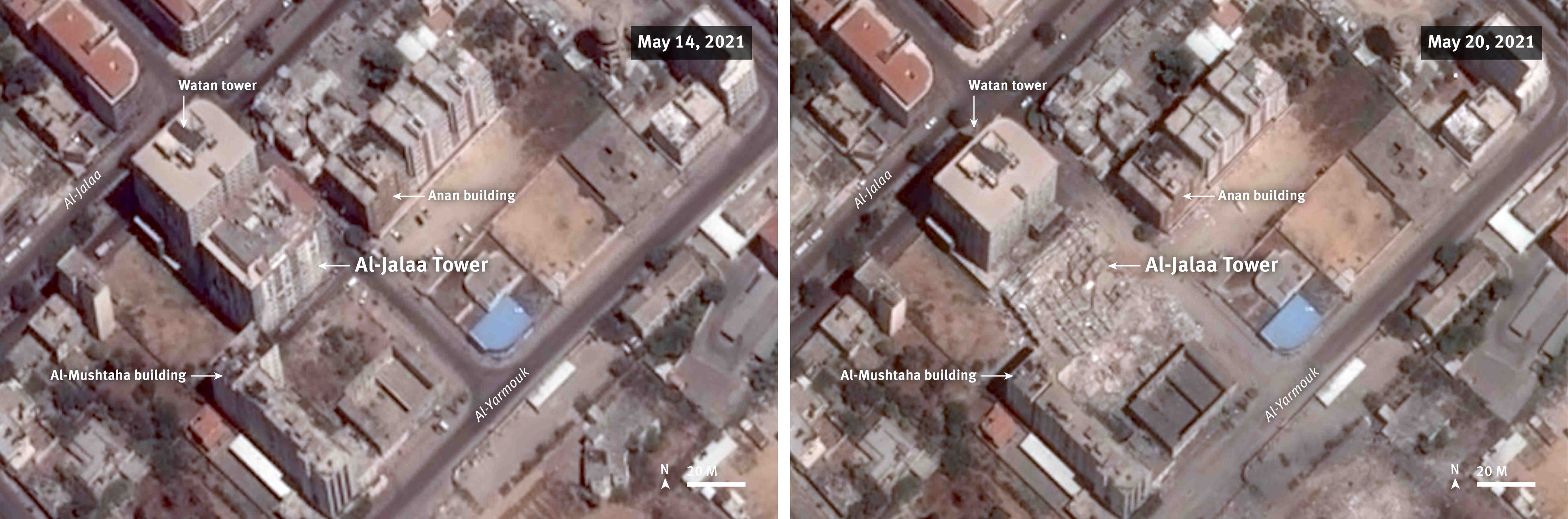 Before and after satellite imagery illustrate the attack and the associated damage to al-Jalaa tower that completely collapsed on May 15, 2021. 