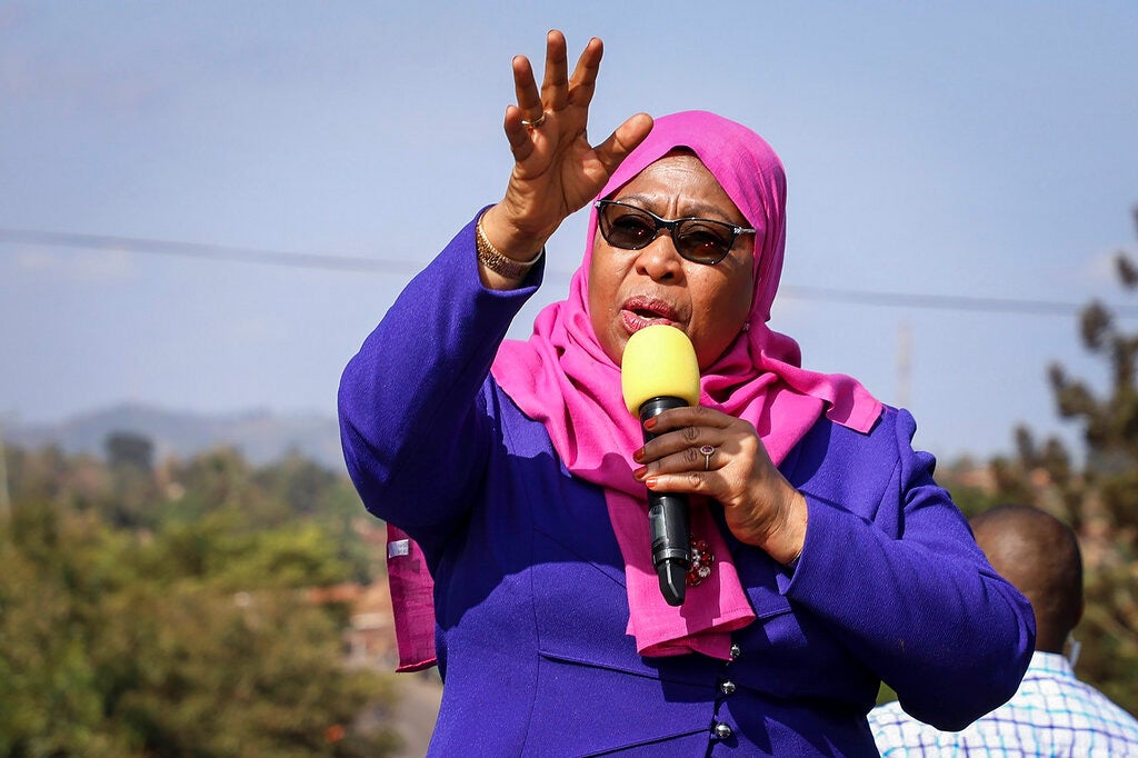 Tanzania's President Samia Suluhu Hassan speaks during a tour of the Tanga region of Tanzania on March 16, 2021. 