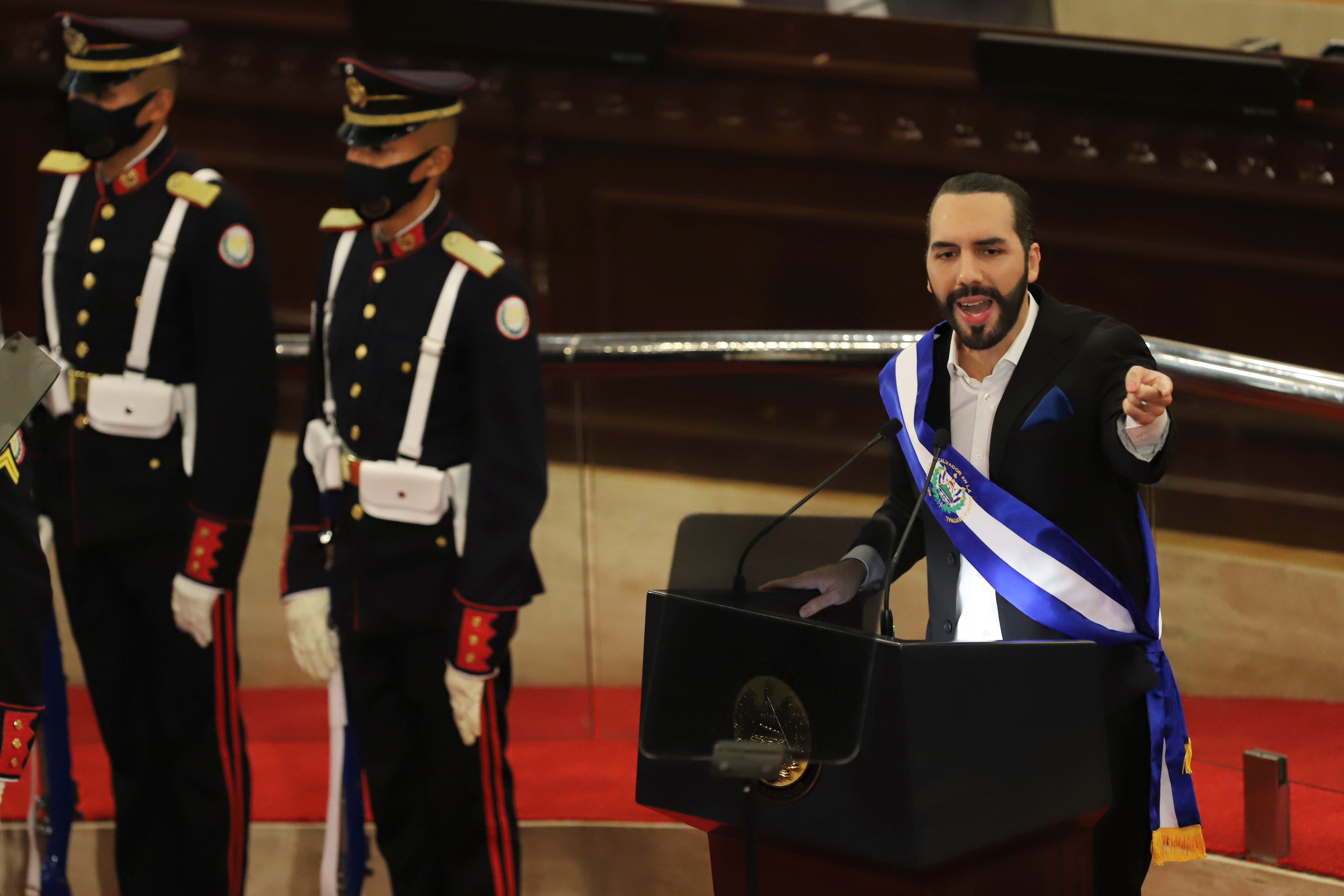 El Salvador's President Nayib Bukele delivers his annual address to the nation before Congress, in San Salvador, El Salvador, Tuesday, June 1.