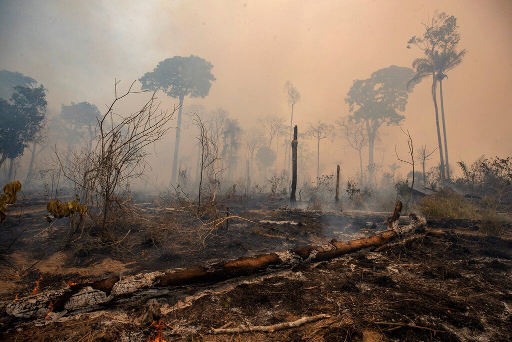 Incêndios perto de Novo Progresso, Brasil, em 23 de agosto de 2020, queimam terras desmatadas por criadores de gado.