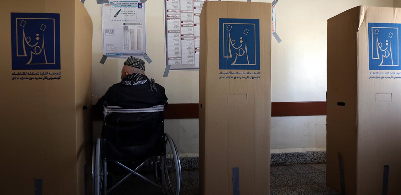 A voter who uses a wheelchair at a polling place in Erbil, the capital of the Kurdistan Region of Iraq, on May 12, 2018. (C) 2018 Safin Hamed/AFP via Getty Images 