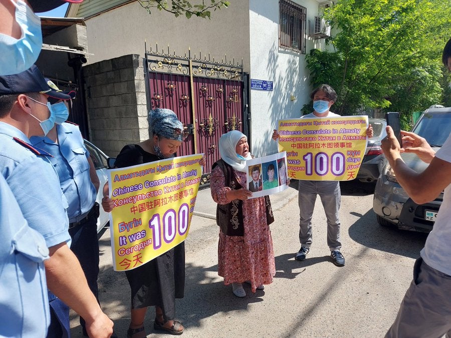 Ethnic Kazakhs protesting for the 100th day outside the Chinese consulate in Almaty.