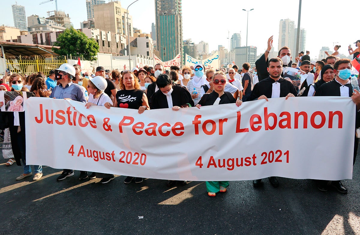 The Lebanese Association of Lawyers march at the First Anniversary of Port Blast, Beirut, Lebanon, on August 4, 2021.