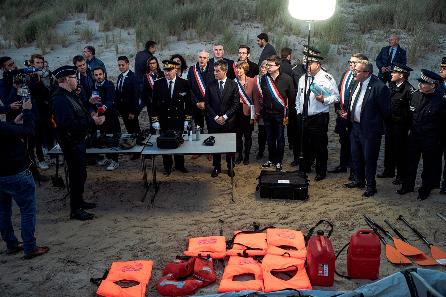 Gerald Darmanin addresses police about their work in the area of irregular immigration on October 9, 2021 near Calais, France.