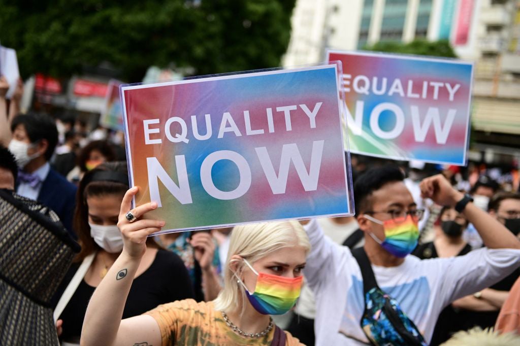 People take part in a rally to support the LGBT legislation in Shibuya district of Tokyo, Japan on June 6, 2021.