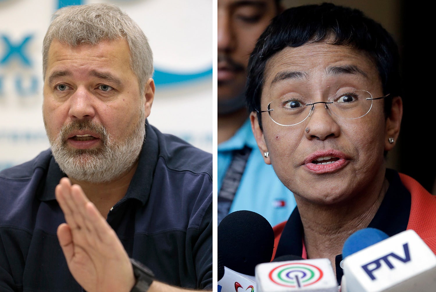 The 2021 Nobel Peace Prize was awarded to journalists Dmitry Muratov of Russia (left) and to Maria Ressa of the Philippines for their fight for freedom of expression.