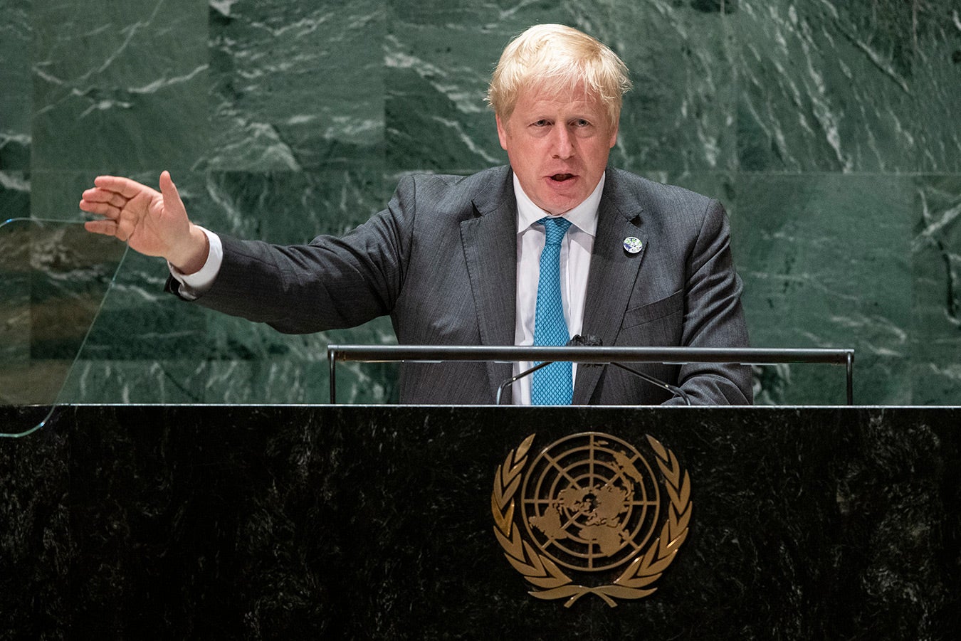 British Prime Minister Boris Johnson addresses the 76th Session of the United Nations General Assembly at UN headquarters in New York, September 22, 2021.
