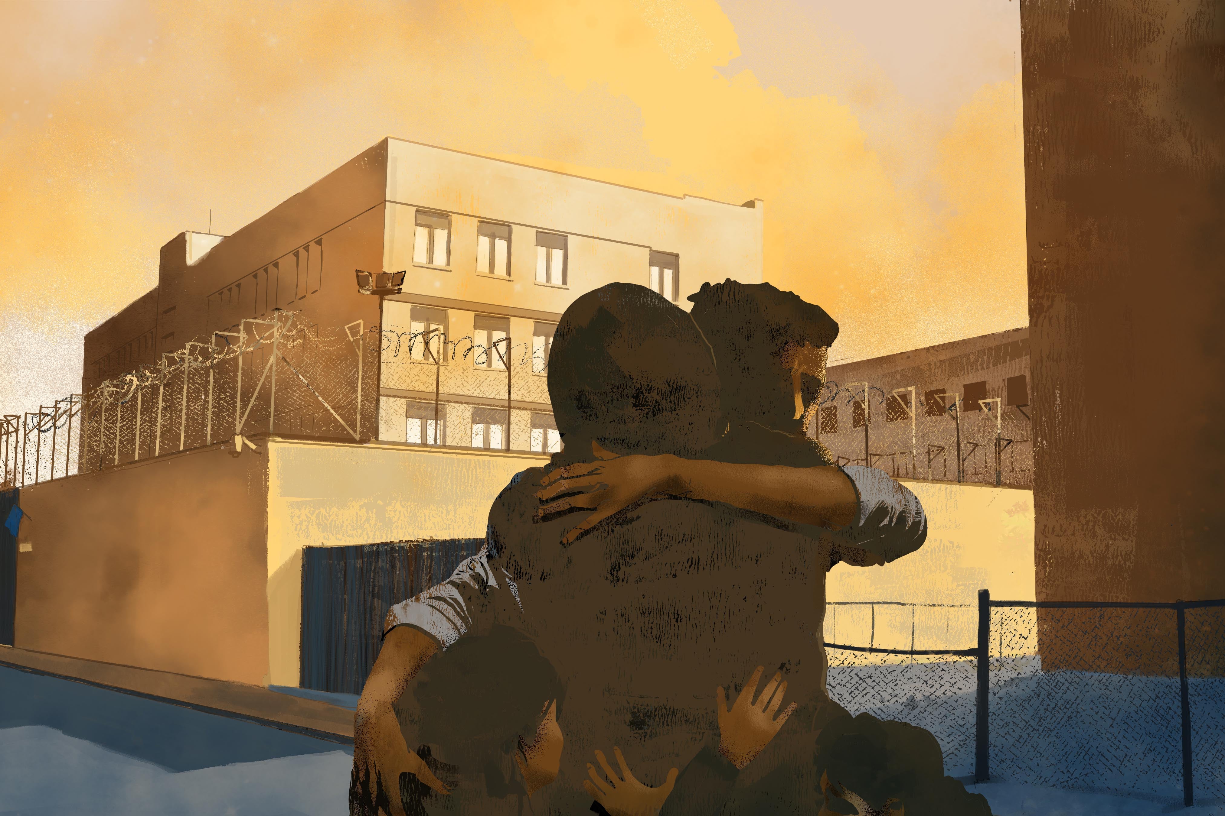 Illustration of a man hugging his family outside of a detention center