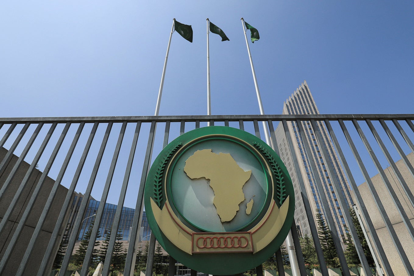 The African Union logo outside the AU headquarters building in Addis Ababa, Ethiopia. 