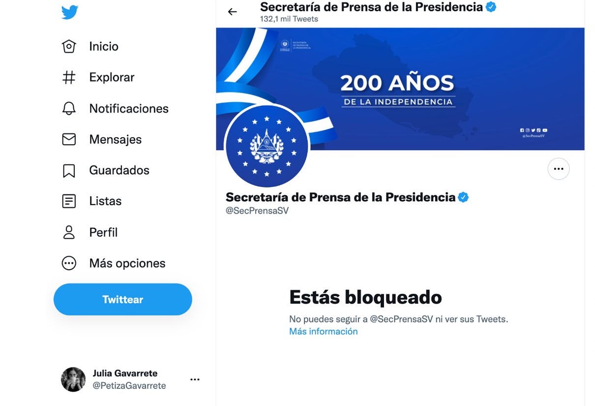Captura de pantalla del bloqueo de Twitter de la periodista Julia Gavarrete por parte de la Oficina de Prensa del Presidente de El Salvador. Proporcionado por Julia Gavarrete.