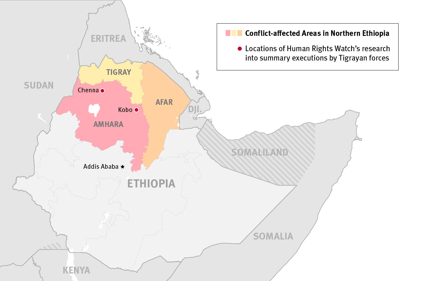 Carte de l’Éthiopie, montrant les zones de conflit dans le nord du pays. 