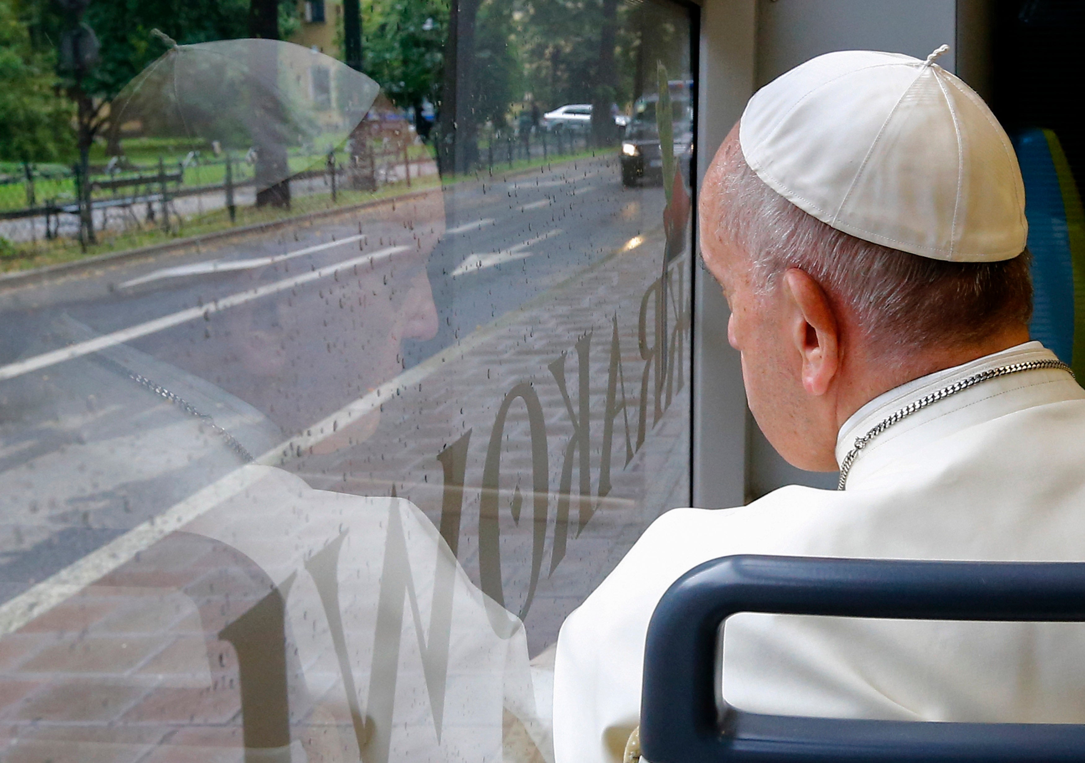 Pope Francis takes public transportation to the World Youth Days in Krakow, Poland, July 28, 2016. © 2016 Stefano Rellandini/Pool photo via AP