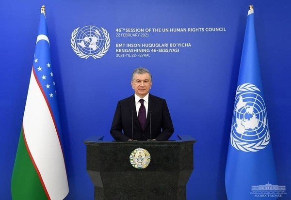 President of the Republic of Uzbekistan Shavkat Mirziyoyev delivers a speech at the 46th Session of the United Nations Human Rights Council on February 22, 2021.