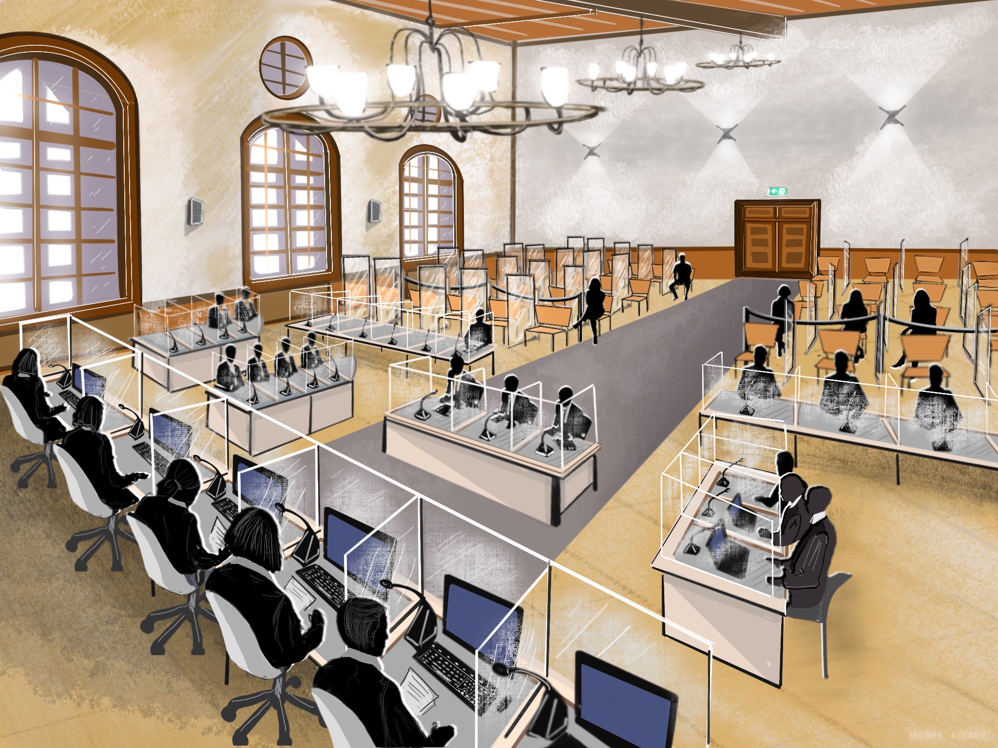 Overview illustration of a courtroom