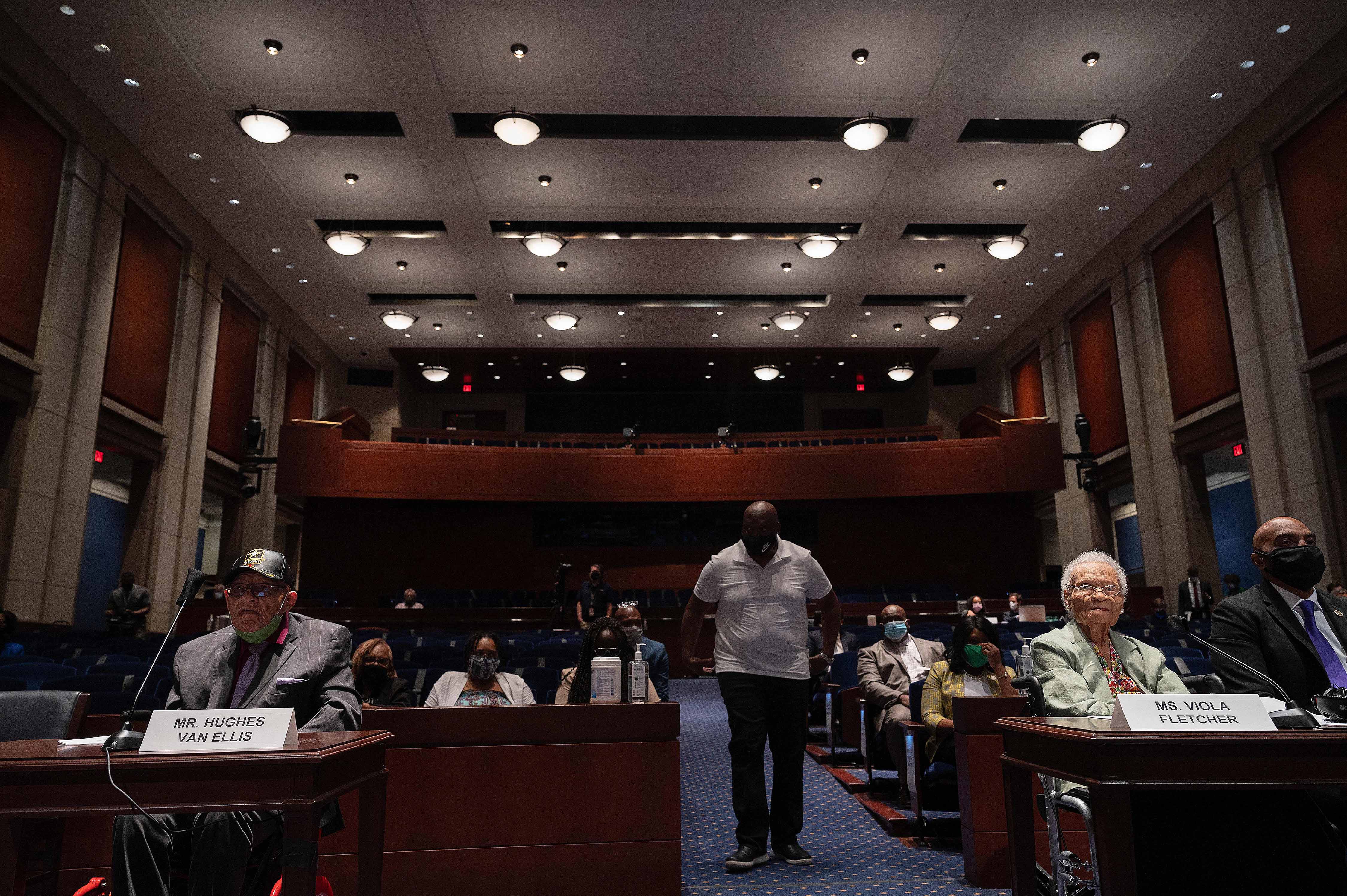Hughes Van Ellis (left), a Tulsa Race Massacre survivor and World War II veteran, and Viola Fletcher (second right), oldest living survivor of the massacre, testify about the massacre’s ongoing impact before the US House of Representatives in Washington, DC, on May 19, 2021.
