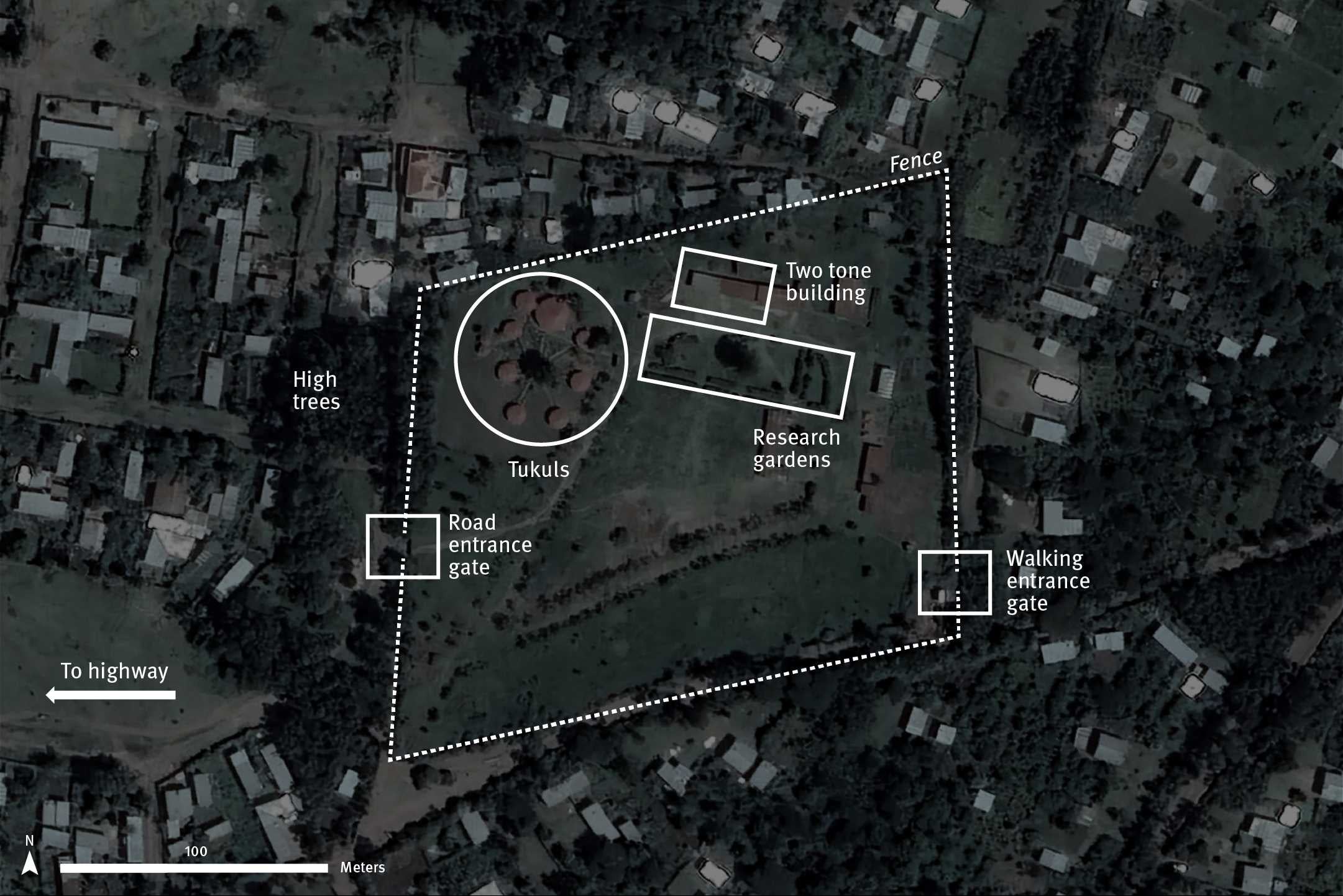 Based on interviews, Human Rights Watch identified this location in Shone Agricultural College of Wachamo University as the likely facility used to detain Tigrayan deportees in Shone town, in the Southern Nations, Nationalities, and Peoples' Region of Ethiopia. The annotated graphic corroborates descriptions given during interviews with landmarks visible in satellite imagery. Satellite imagery: 20 October 2021. © 2021 CNES / Airbus. Source: Google Earth