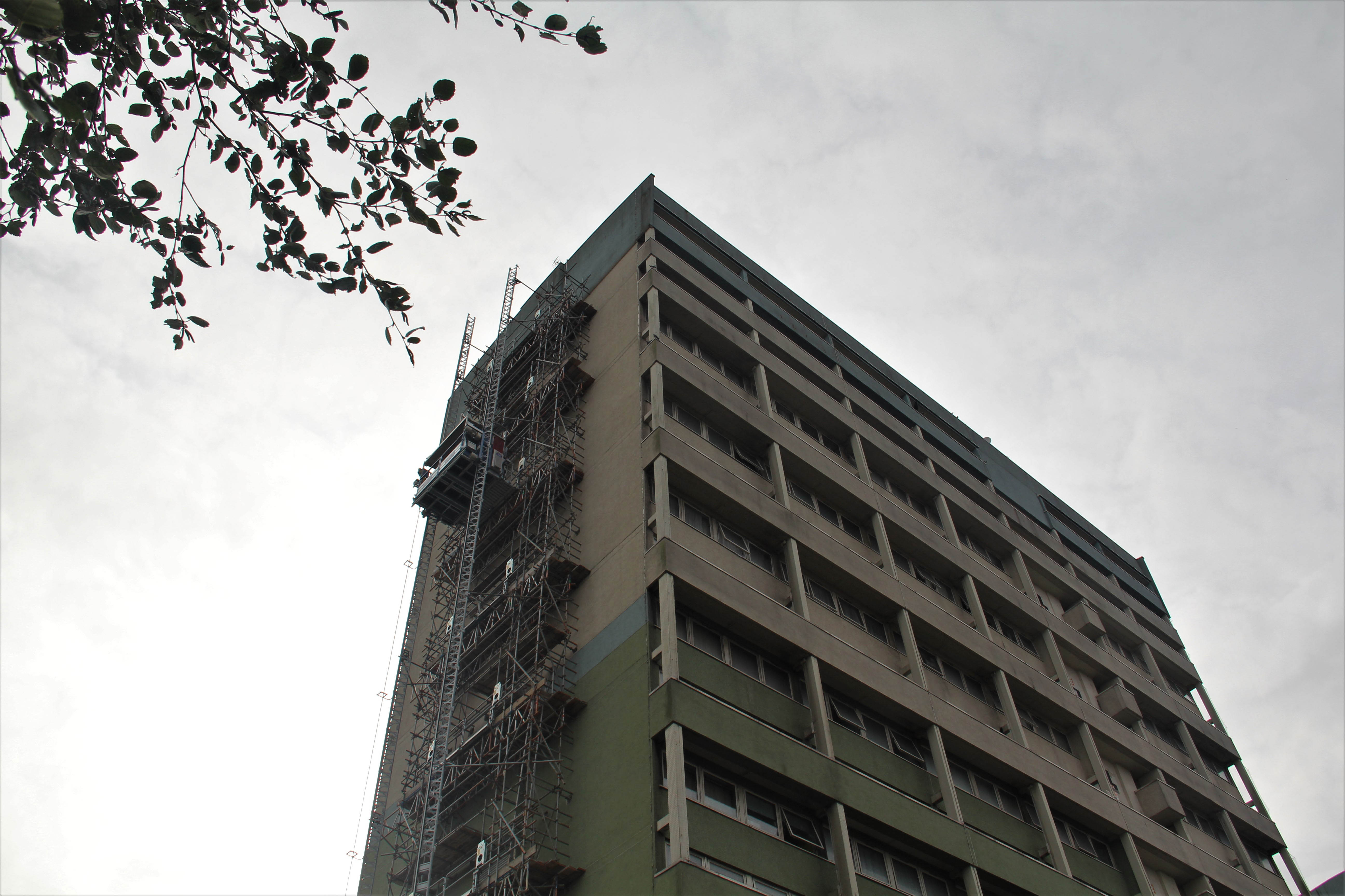 A shot looking up at a residential building