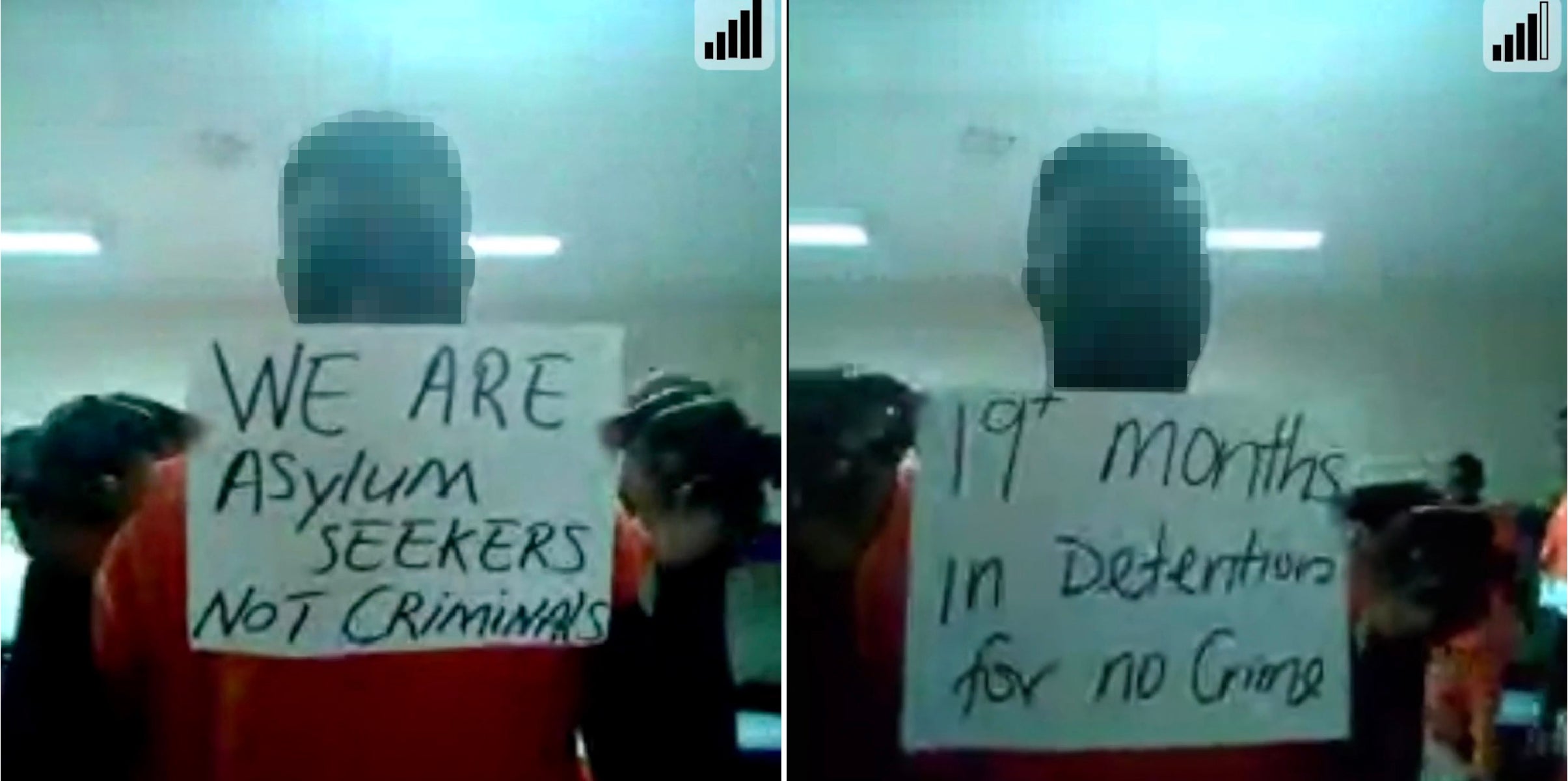 Side-by-side photos of men holding up signs from inside a detention center