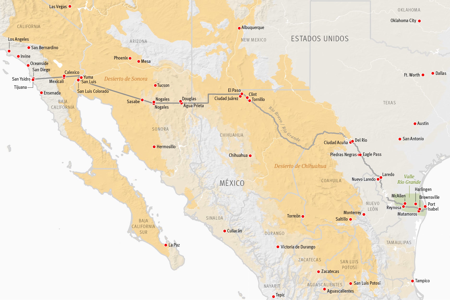 Map showing cities along the US-Mexico border