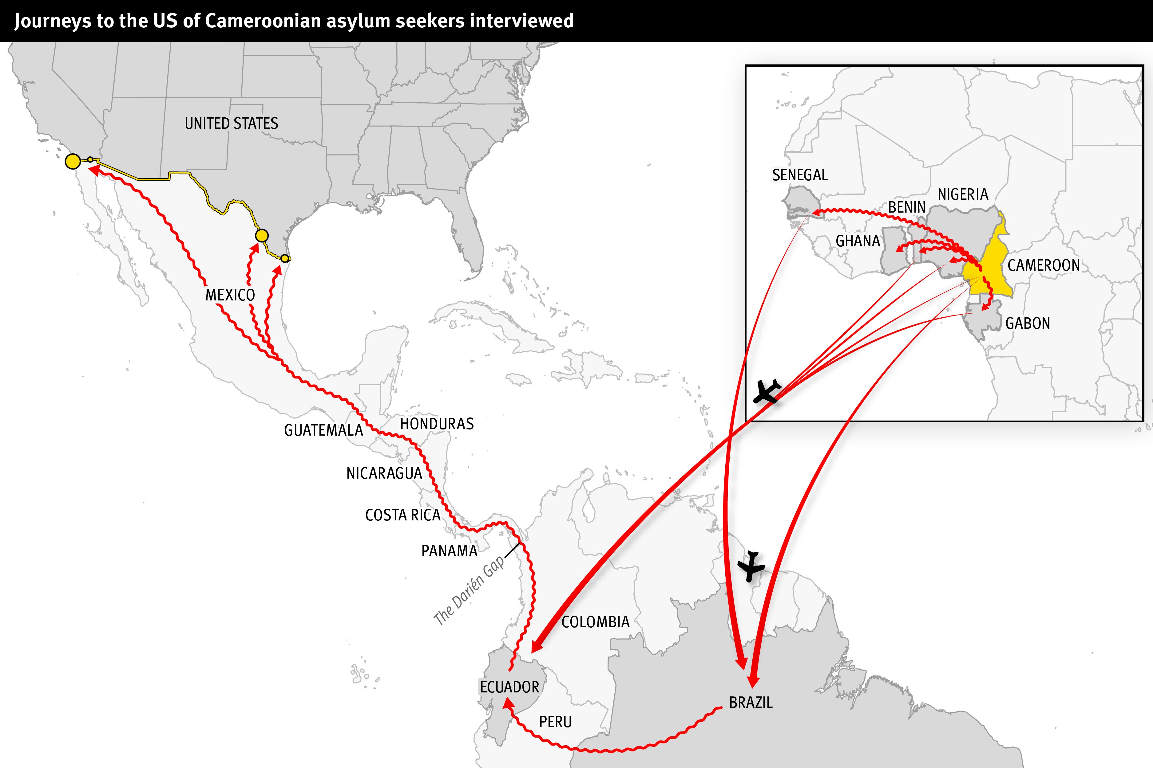 Map showing travel routes from Cameroon to North and South America