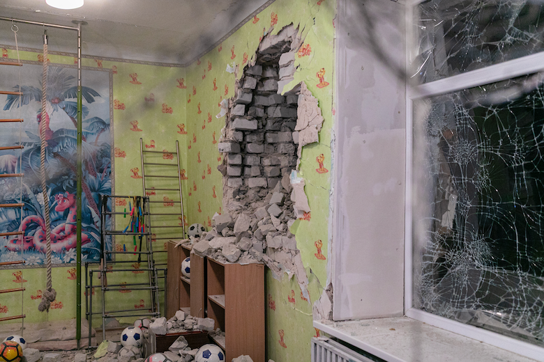Damage from the shelling of a kindergarten in the settlement of Stanytsia Luhanska, Ukraine, February 17, 2022. 