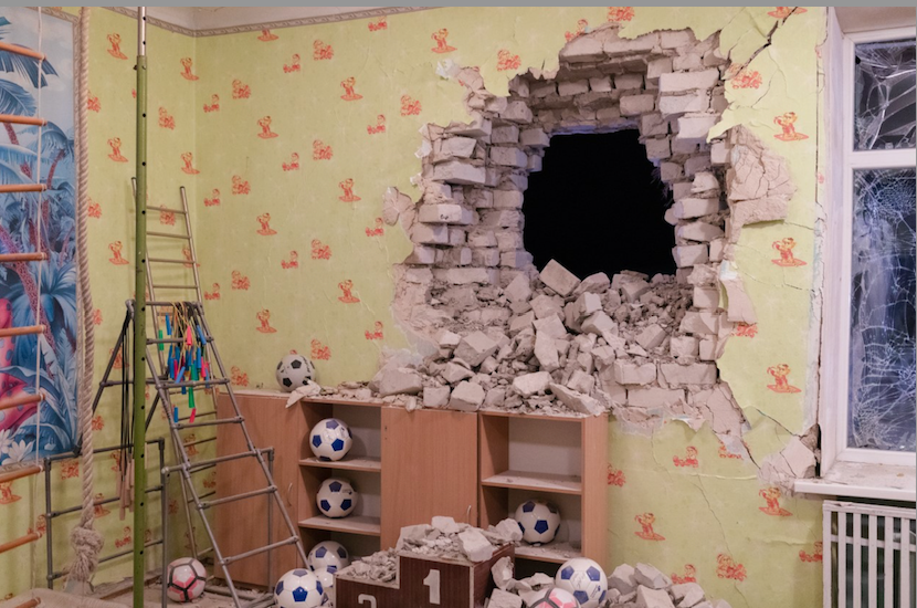 Damage from the shelling of a kindergarten in the settlement of Stanytsia Luhanska, Ukraine, February 17, 2022.