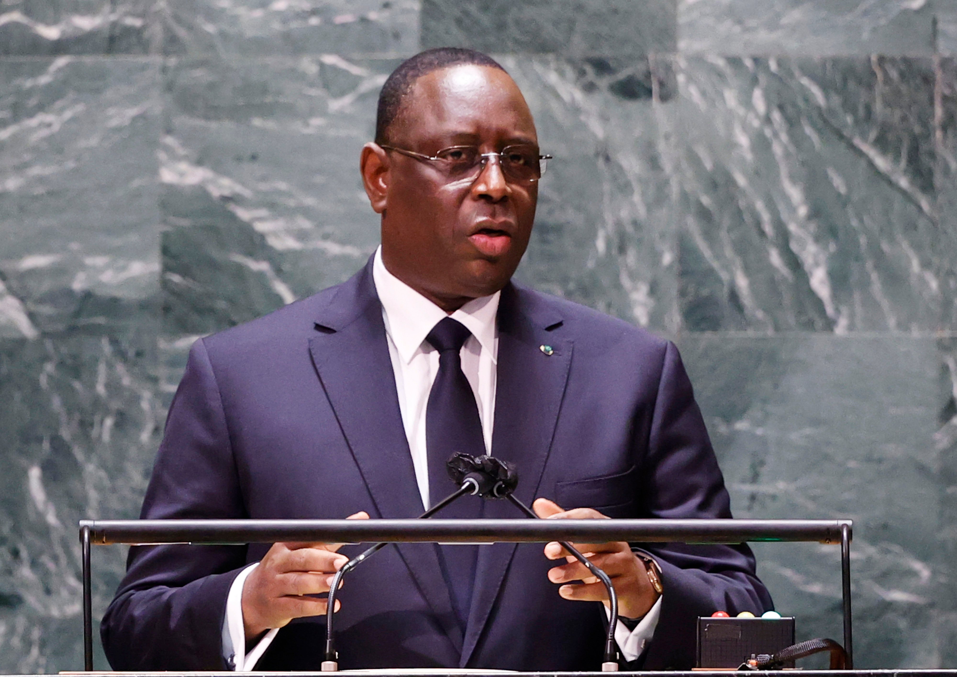 Senegal's President Macky Sall speaks at the United Nations Headquarters in New York City, September 24, 2021. 