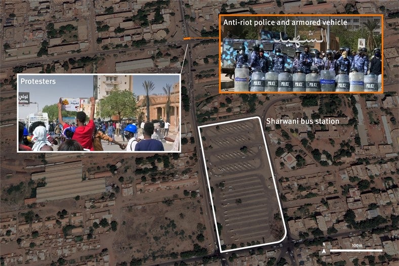 By matching landmarks visible in the video with satellite imagery, Human Rights Watch identified the location to be outside the University of Khartoum’s Faculty of Medicine. Screenshots from the video show the positions of the protesters and the police.  