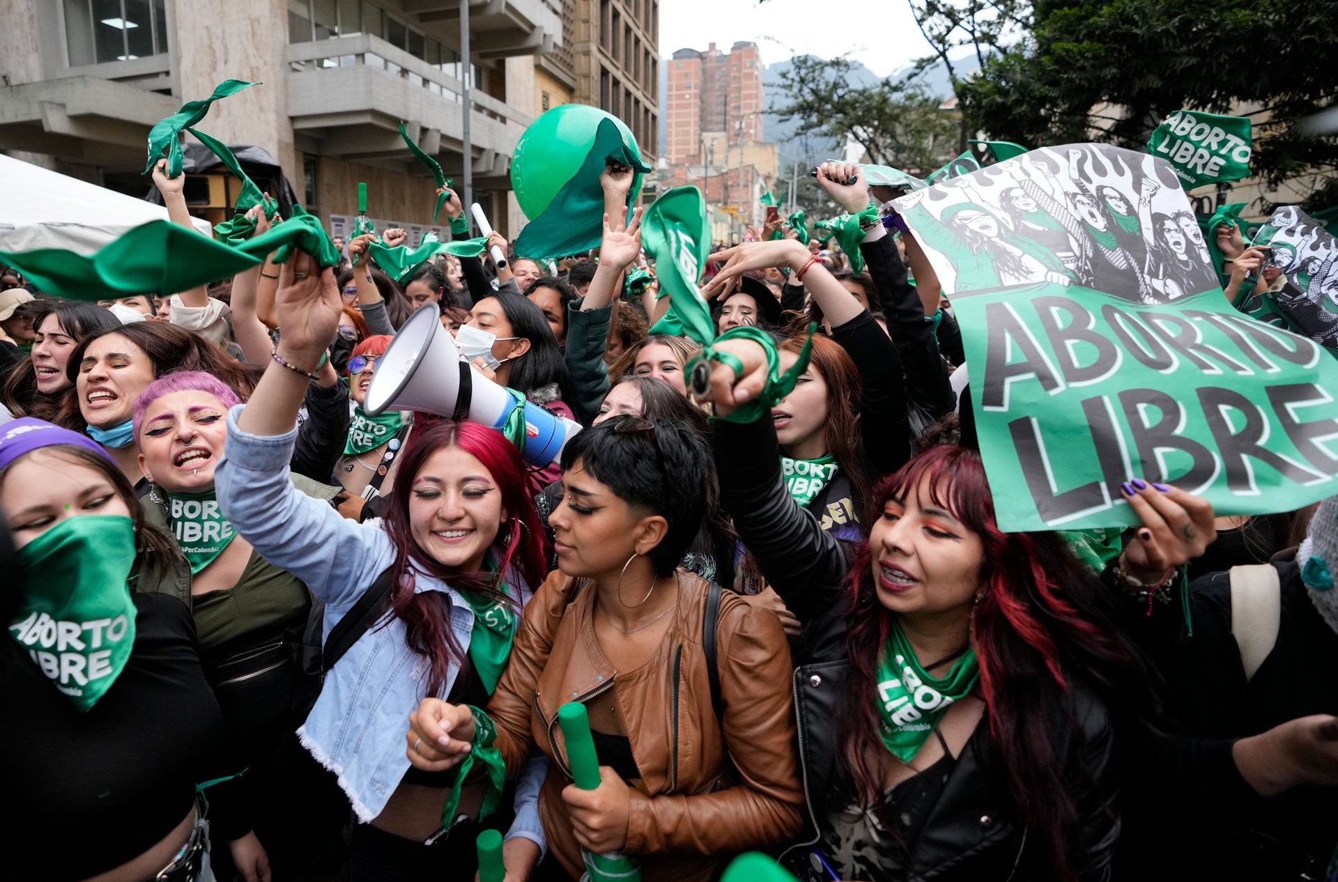 Abortion rights activists celebrate in front of Colombia’s Constitutional Court in Bogota, Colombia, February 21, 2022.