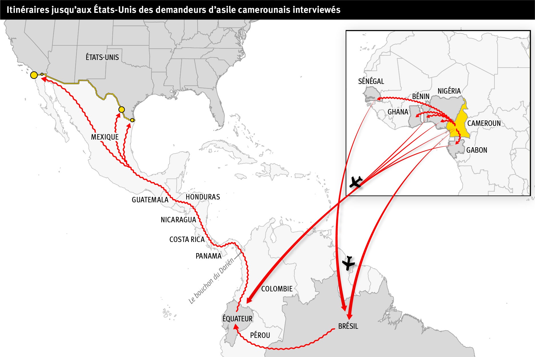 Map showing travel routes from Cameroon to North and South America