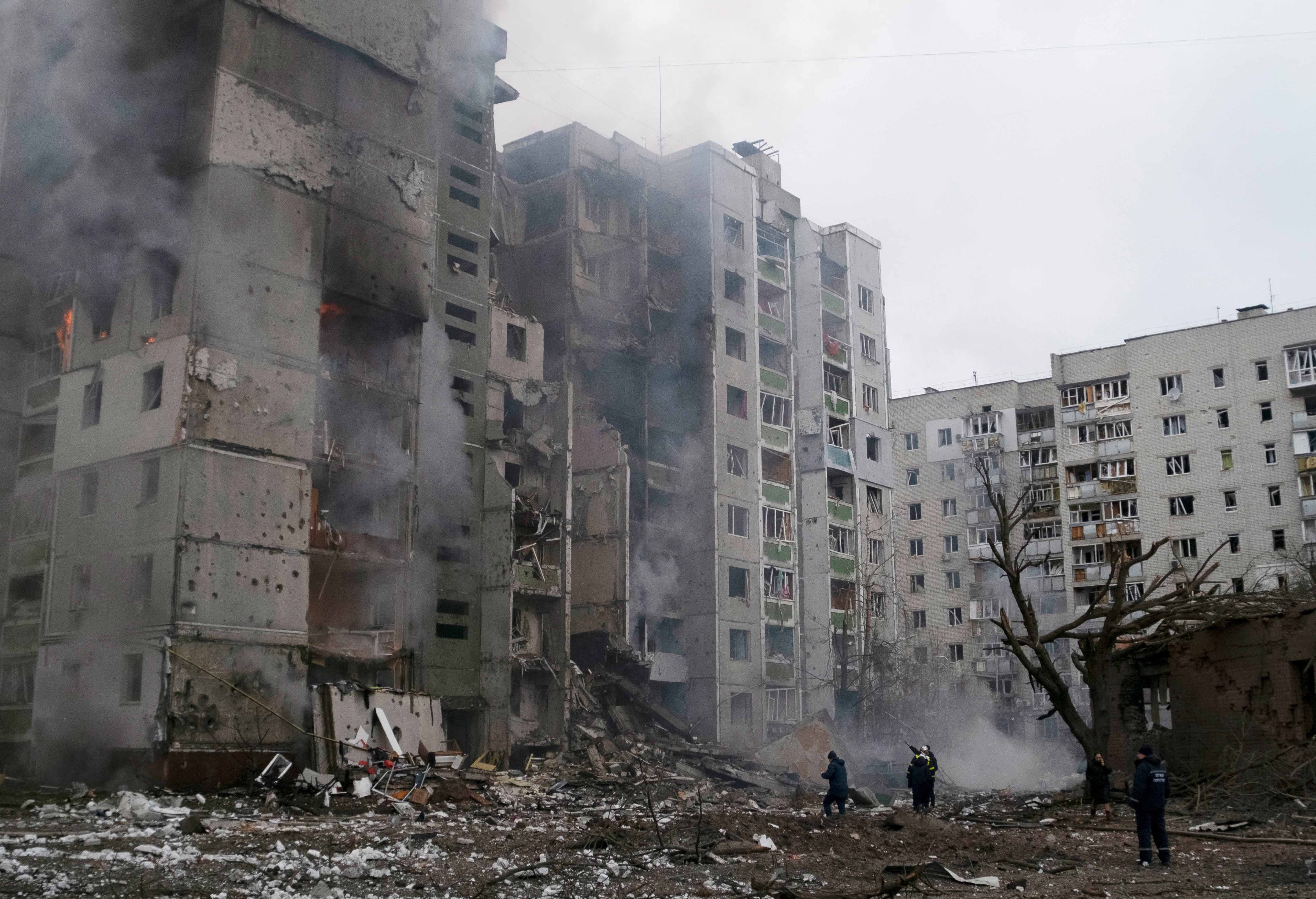 A residential building in Chernihiv, Ukraine damaged by Russian aerial attack on March 3, 2022.