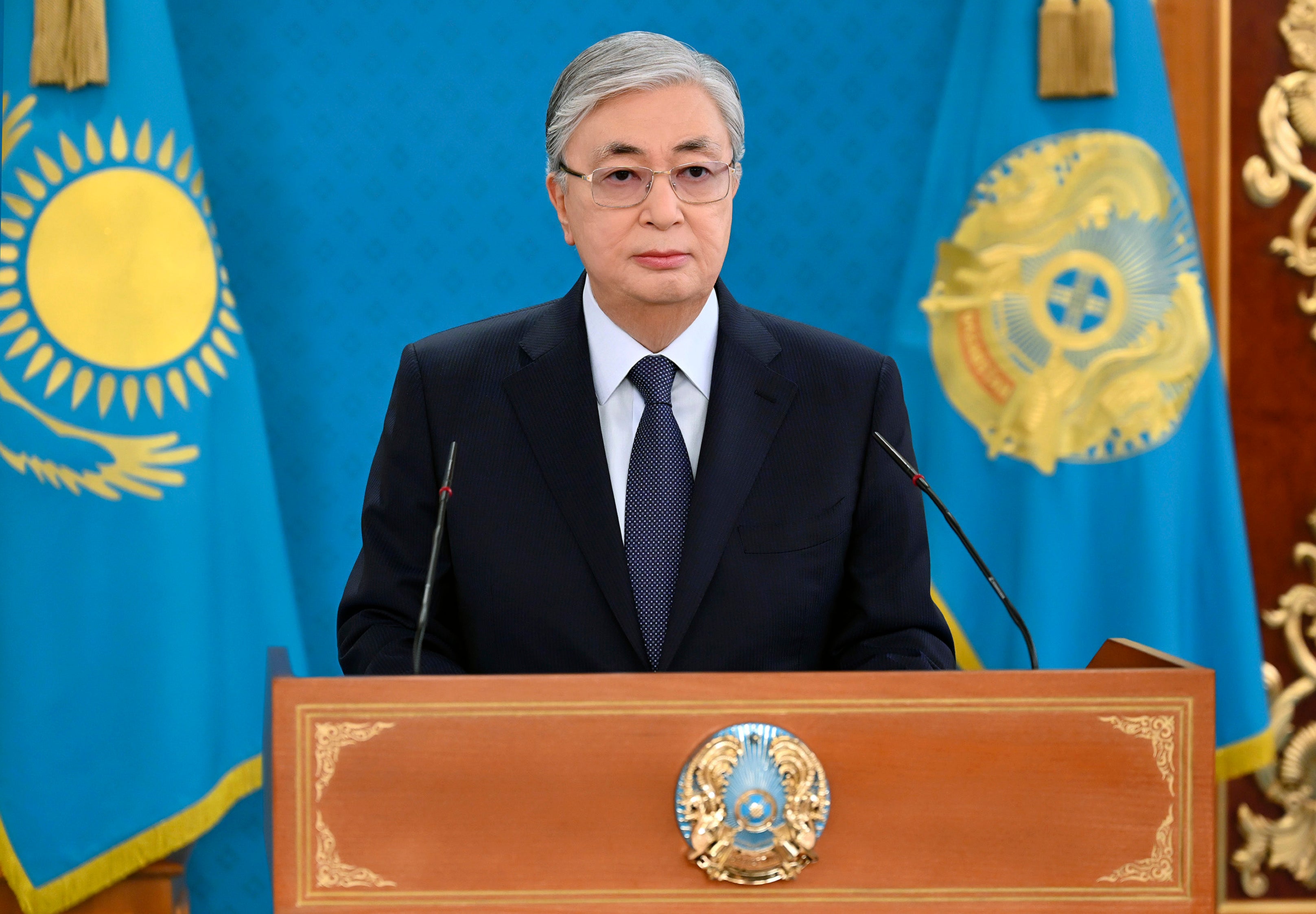 Kazakhstan President Kassym-Jomart Tokaev speaks during his televised address to the nation in Nur-Sultan, Kazakhstan, January 7, 2022.