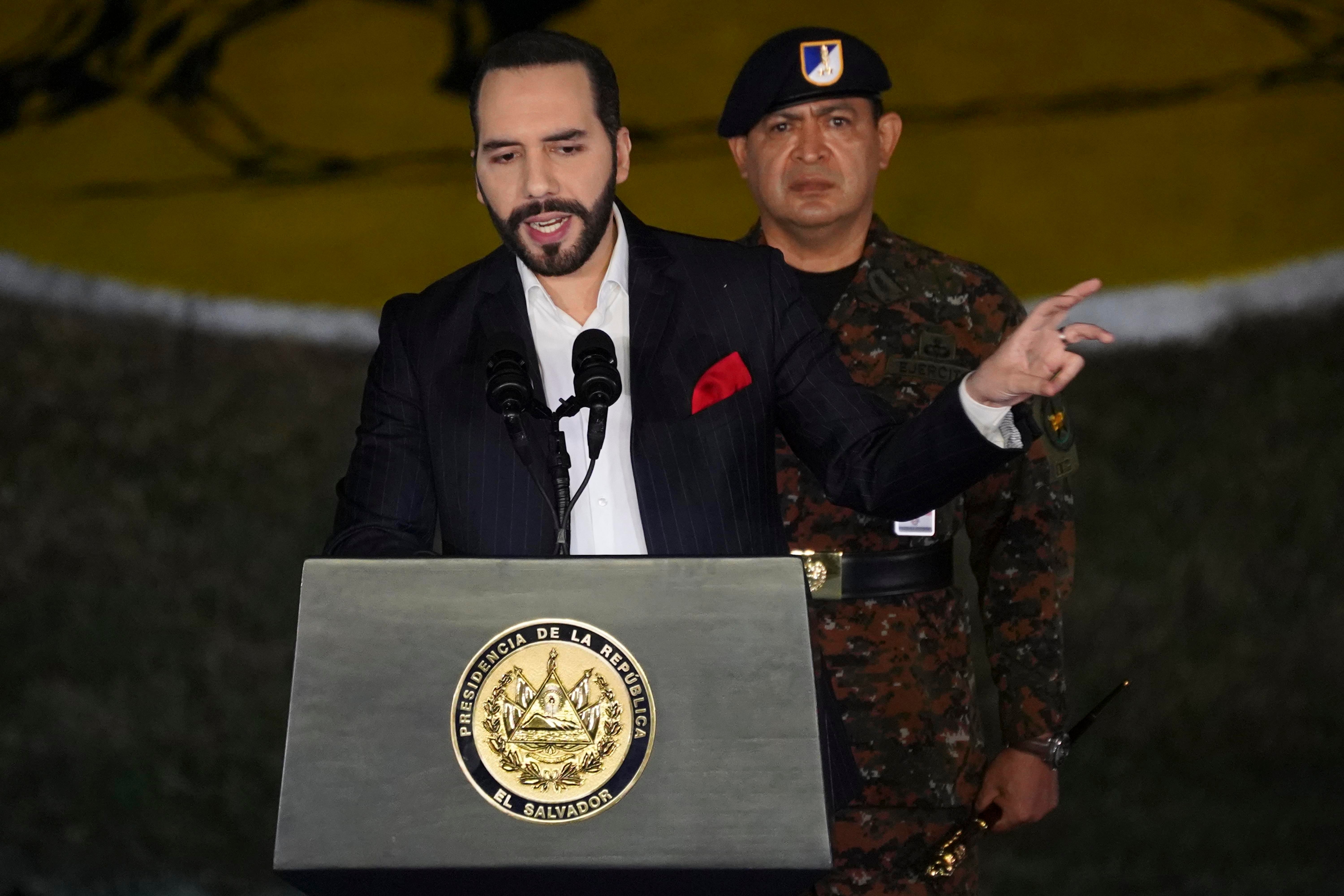 Days after the government declared a 30-day state of emergency because of gang violence, President Nayib Bukele speaks at the induction of 1,440 new soldiers into the armed forces in San Salvador, El Salvador on April 4, 2022.