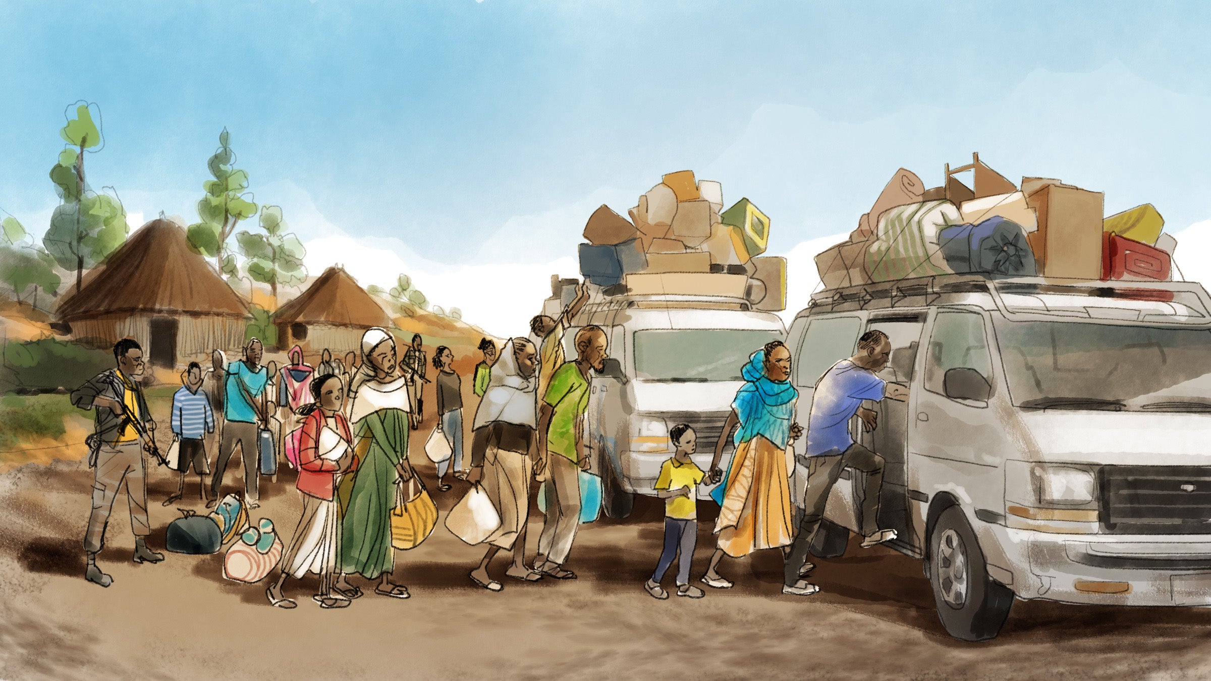 Illustration of people boarding buses with their belongings