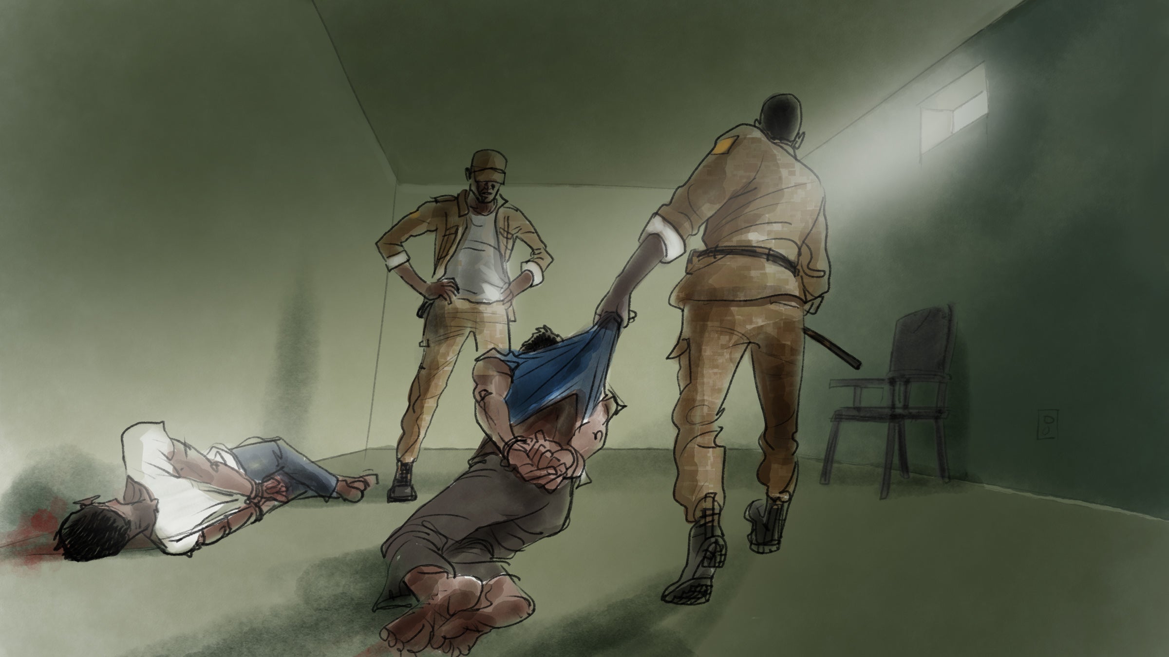Illustration of armed guards dragging a detainee while another lies injured on the floor
