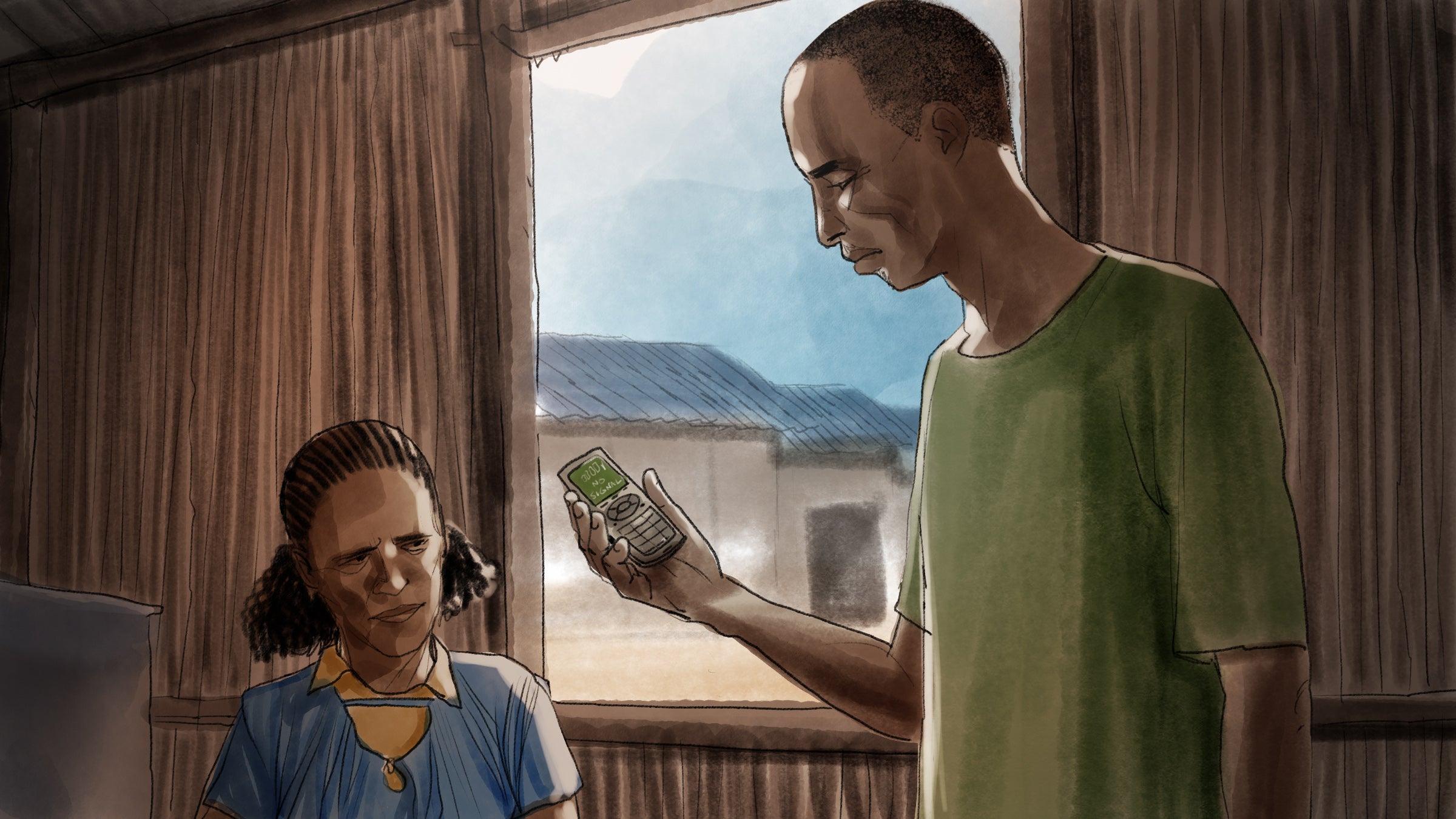 Illustration of a man and woman holding a cell phone
